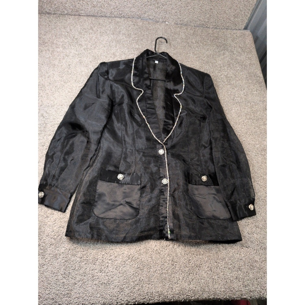 Solini‎ Vintage Black Sheer Evening Blazer Rhinestone Trim Rose Buttons Size 10